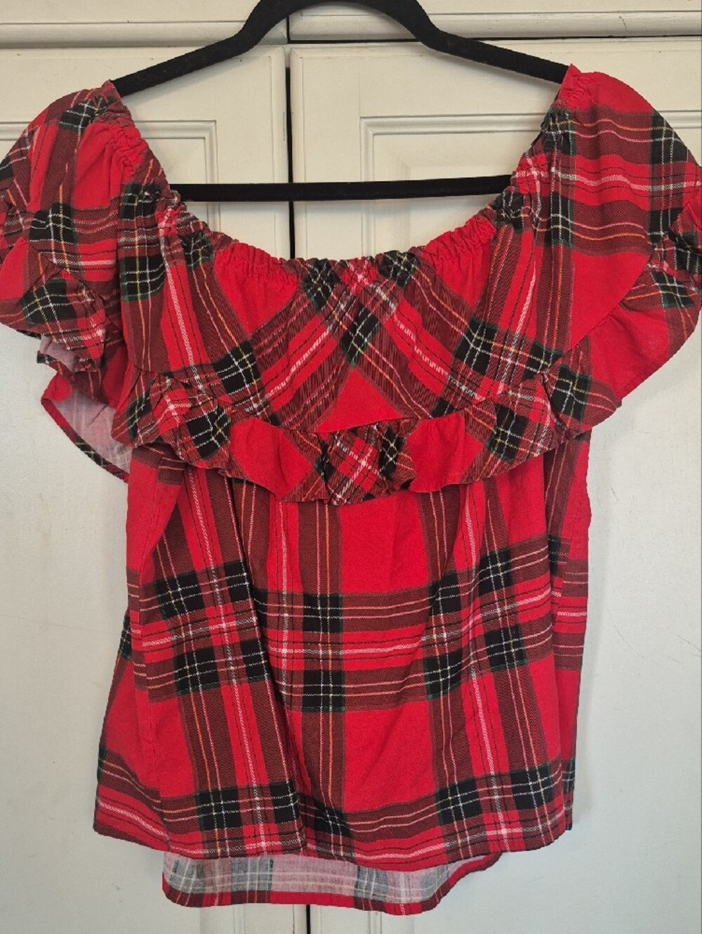Red Plaid Off-Shoulder Ruffle Top - Picture 4 of 4